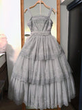 Straps Ball Gown Lace Prom Dresses, Gray Birthday Dresses HZ1024