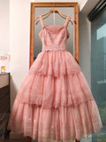 Strap Ball Gown Lace Prom Dresses, Pink Birthday Dresses HZ1024