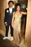 V-neck Sheath Tulle Long Prom Dresses, Gold Slit Formal Evening Dresses HZ1024