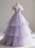 Off-the-shoulder A-Line Tulle Long Prom Dresses, Purple Sweet 16 Dress HZ1024