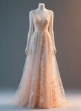 V Neck A-Line Tulle Applique Long Prom Dresses, Light Pink Sweet 16 Dress HZ1024