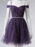 Off-the-shoulder A-Line Tulle Short Prom Dresses, Purple Homecoming Dresses HZ1024