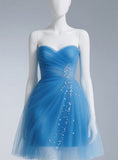 Sweetheart Neck A-Line Tulle Short Prom Dresses, Blue Homecoming Dresses HZ1024