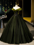Off Shoulder Velvet Tulle Green Long Prom Dress, Green Long Formal Dress HZ1024