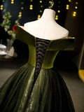 Off Shoulder Velvet Tulle Green Long Prom Dress, Green Long Formal Dress HZ1024