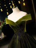Off Shoulder Velvet Tulle Green Long Prom Dress, Green Long Formal Dress HZ1024