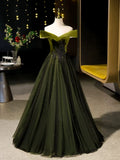 Off Shoulder Velvet Tulle Green Long Prom Dress, Green Long Formal Dress HZ1024