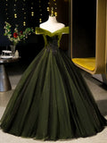 Off Shoulder Velvet Tulle Green Long Prom Dress, Green Long Formal Dress HZ1024