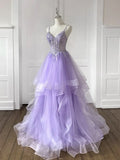 V Neck Tulle Sequin Blue Long Prom Dress, Blue Long Evening Dress HZ1024