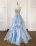 V Neck Tulle Sequin Blue Long Prom Dress, Blue Long Evening Dress HZ1024