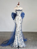 Tulle Sequin Silver Long Prom Dress, Strapless Long Party Dress HZ1024