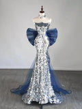Tulle Sequin Silver Long Prom Dress, Strapless Long Party Dress HZ1024