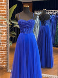 Sweetheart Neck Tulle Sequin Blue Long Prom Dresses, Blue Long Formal Dresses HZ1024