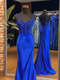 Sweetheart Neck Tulle Sequin Blue Long Prom Dresses, Blue Long Formal Dresses HZ1024