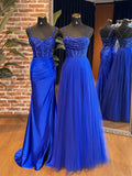 Sweetheart Neck Tulle Sequin Blue Long Prom Dresses, Blue Long Formal Dresses HZ1024