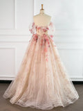 Tulle Applique Light Champagne Long Prom Dress, Light Champagne Formal Dress HZ1024