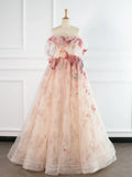 Tulle Applique Light Champagne Long Prom Dress, Light Champagne Formal Dress HZ1024