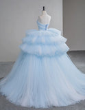 Sweetheart Neck Ball Gown Tiered Tulle Long Prom Dresses, Blue Sweet 16 Dress HZ1024