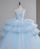 Sweetheart Neck Ball Gown Tiered Tulle Long Prom Dresses, Blue Sweet 16 Dress HZ1024