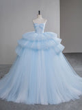 Sweetheart Neck Ball Gown Tiered Tulle Long Prom Dresses, Blue Sweet 16 Dress HZ1024