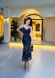 holiday floral sling dress blue mesh mermaid dress HZ1024