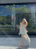 hot girl style irregular ruffled floral suspender long skirt HZ1024