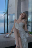 hot girl style irregular ruffled floral suspender long skirt HZ1024