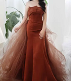 Mermaid Satin Brown Long Prom Dress, Brown Long Evening Dress HZ1024