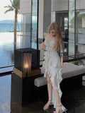 hot girl style irregular ruffled floral suspender long skirt HZ1024