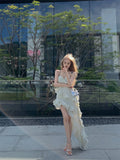 hot girl style irregular ruffled floral suspender long skirt HZ1024