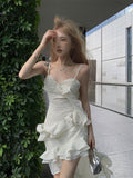 hot girl style irregular ruffled floral suspender long skirt HZ1024