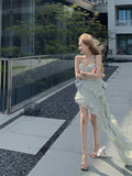 hot girl style irregular ruffled floral suspender long skirt HZ1024