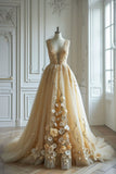 A-line V-neck Tulle Sequin Wedding Dress, Beaded Applique Long Prom Dress HZ1024