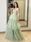 A-Line Sweetheart Neck Off Shoulder Tulle Lace Long Prom Dress,Formal Evening Dress HZ1024
