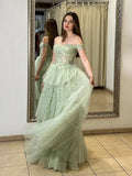 A-Line Sweetheart Neck Off Shoulder Tulle Lace Long Prom Dress,Formal Evening Dress HZ1024
