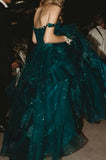 Green A Line V Neck Tulle Sequin Lace Long Prom Dress,Dark Green Formal Prom Dress HZ1024