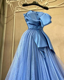 A-line Spaghetti Straps Satin Tulle Long Prom Dress, Blue Eevening Dress HZ1024
