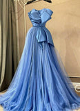 A-line Spaghetti Straps Satin Tulle Long Prom Dress, Blue Eevening Dress HZ1024