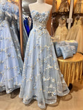 A-Line Sweetheart Tulle Appliques Long Prom Dress, Strapless Evening Dress HZ1024