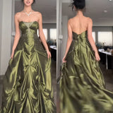 Forest Green A-Line Long Prom Dresses With Silver Beads Sweet Strapless Satin Evening Dresses HZ1024