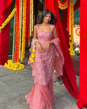 Hot Pink Square Neck Mermaid Tulle Appliques Long Prom Dresses Formal Evening Gowns with Capes HZ1024