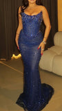 Strapless Sheath Tulle Beaded Long Prom Dresses, Royal Blue Formal Evening Dresses HZ1024