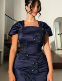 Square Neck Sheath Navy Blue New Year Evening Dresses Satin Applique Navy Blue Wedding Guest Dresses HZ1024