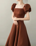 Puff Sleeves Satin Long Prom Dress, Long Evening Dresses HZ1024