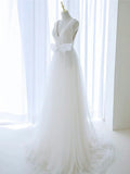 Off Shoulder White Tulle Flower Long Prom Dress, Blue Long Formal Dress HZ1024