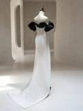 Off Shoulder Satin Black/Beige Long Prom Dress, Black/Beige Long Formal Dress HZ1024