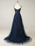 Elegant Sweetheart Neck Tulle Lace Dark Blue Long Prom Dress, Dark Blue Long Evening Dress HZ1024