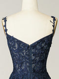 Elegant Sweetheart Neck Tulle Lace Dark Blue Long Prom Dress, Dark Blue Long Evening Dress HZ1024