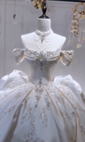 Off-the-shoulder Ball Gown White Wedding Dress Satin Beaded Bridal Dress Elegant Bridal Gown HZ1024