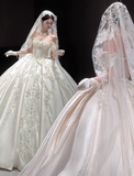 Off-the-shoulder Ball Gown White Wedding Dress Satin Beaded Bridal Dress Elegant Bridal Gown HZ1024